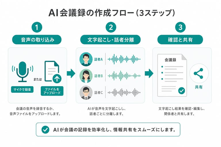 AI議事録作成の3ステップ（音声取り込み・文字起こし・要約）のフローチャート