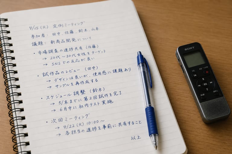 手書きの議事録メモとボイスレコーダー。手作業による議事録作成の負担を表すイメージ