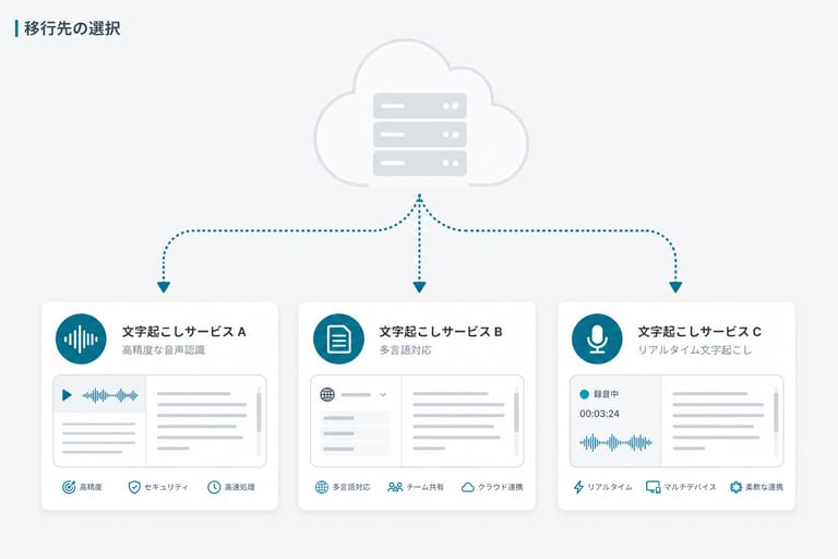 2026年の文字起こし・議事録サービスの主な移行先を比較するイメージ