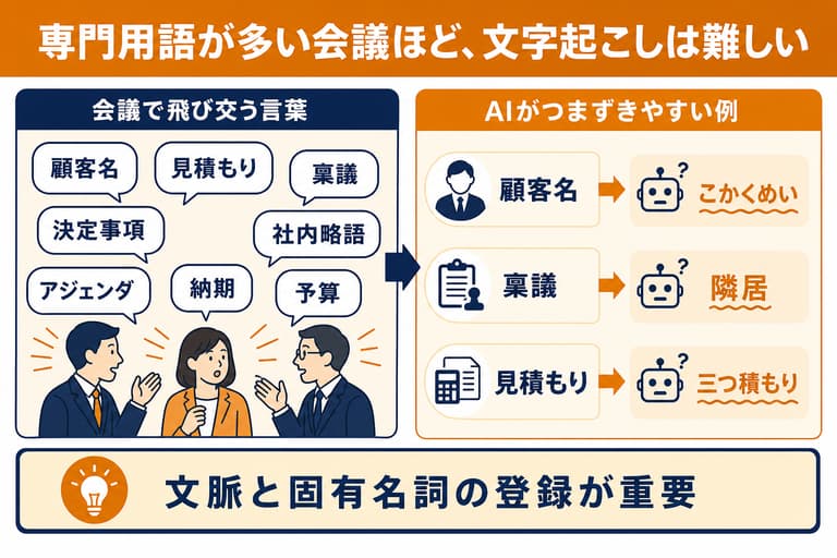 専門用語が多い会議でAI文字起こしがつまずきやすい例の図解