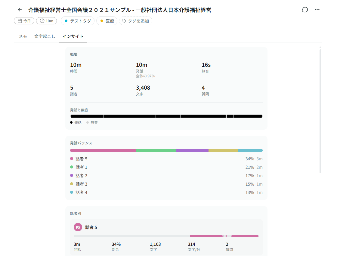 インサイトタブ：話者比率、ペース、ハイライト